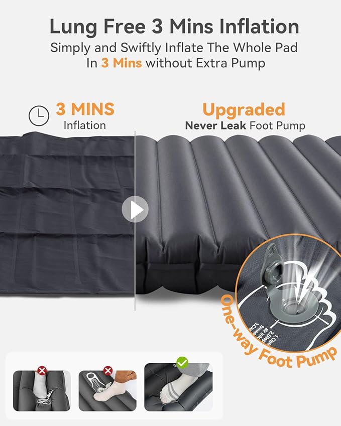 Hikenture Double Sleeping Pad for Camping, 4" Extra-Thick Camping Mattress 2 Person, Inflatable & Ultralight Sleeping Mat for Backpacking, Hiking (Grey Foot Pump, Semi Double(79 * 47.5 in))