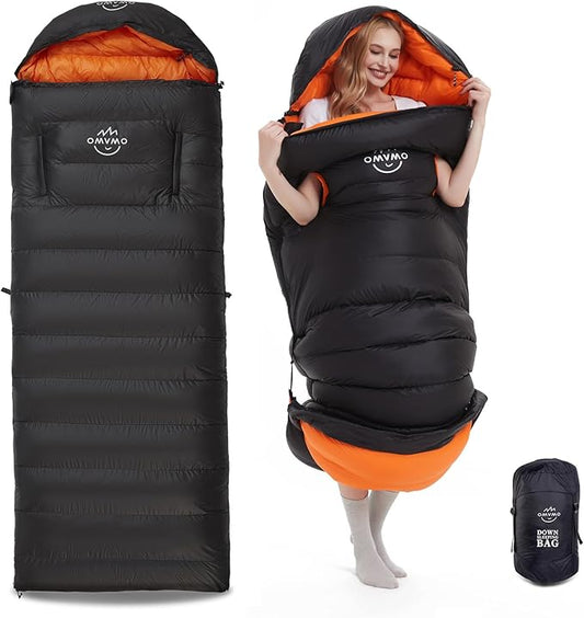0-20 Degrees F Down Sleeping Bag for Adults - 4 Season Envelope With Arm Holes, Wearable for Backpacking Camping - Ultralight, Compact, Move Freely While Wearing