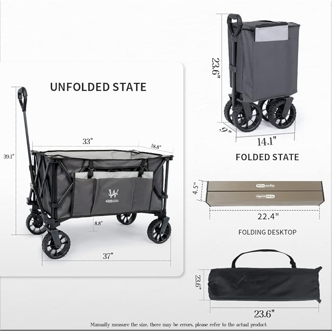 Whitsunday Folding Collapsible Utility Wagon, 400Lbs Heavy Duty Outdoor Park Beach Wagon with Table and Side Pocket for Garden Camping Sports Shopping Grey