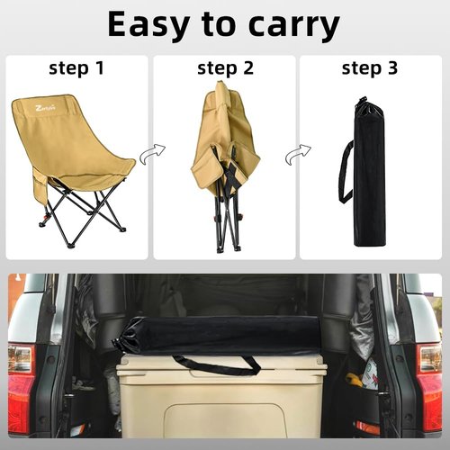 Zertylre Camping Chair for Adults, Portable Adjustable Folding Chairs Set with Side Pockets for Outdoors Fishing, Hiking, Backpacking, Picnic, Beach, Travel, Supports to 300lbs, & Storage Bags (Khaki)