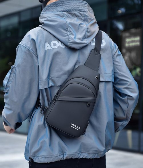 Hjkiopc Waterproof Sling Bags Mens Shoulder Crossbody Backpack with USB Charging Port& Headphone,Outdoor Lightweight Bag
