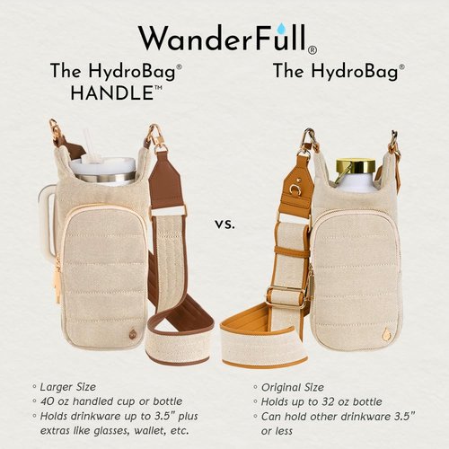 WanderFull HydroBag® HANDLE, Zipper for Handle, 40 oz Water Bottle Holder w/Strap, Crossbody Water Bottle Carrier Bag w/Phone Pocket, Tumbler Accessories - Oatmeal Canvas w/Vegan Leather Trim Strap