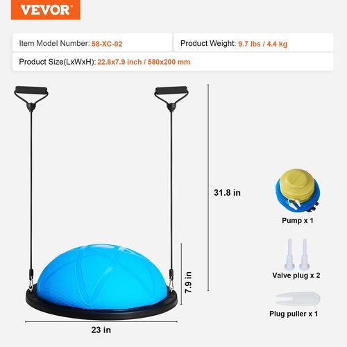 VEVOR 23-inch Half Exercise Ball Trainer, 660 lbs Capacity Balance Ball, Includes Resistance Bands and Pump, Ideal for Full Body Workouts, Yoga, and Strength Training at Home Gym, Blue2