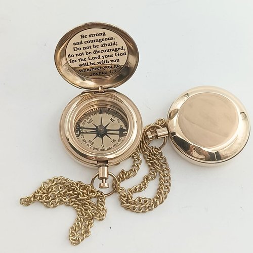 DAYOL'X Joshua 1:9 Engraved Brass Compass- Push Open - Communion, Confirmation Baptism Gifts 1st Communion Gifts for Boys, Religious Gifts for Men, Naval Maritime Pocket Watch Clock