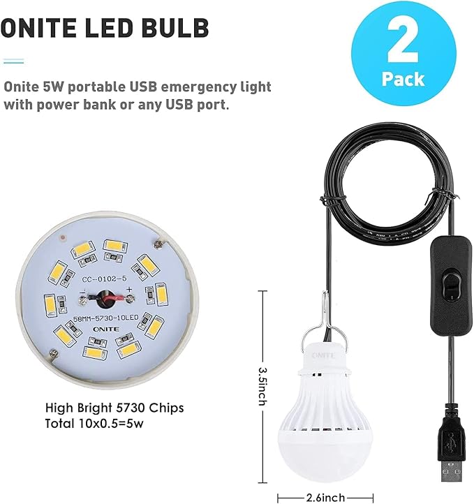 Onite 2-Pack USB LED Light Bulb | 2700K Warm White | Emergency Backup Lighting for Camping, RV, Garage, and Power Outage Preparedness