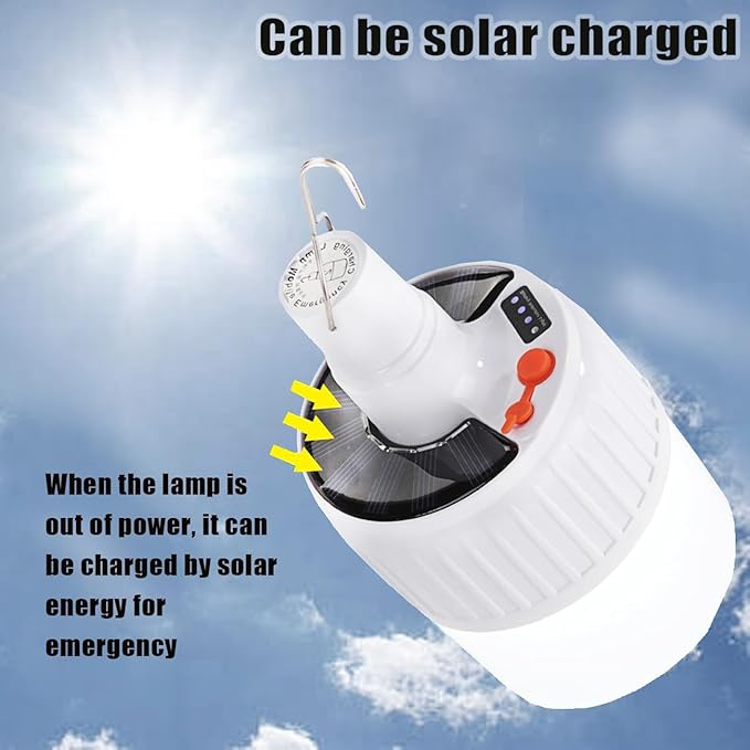 LED Camping Tent Solar Bulb Lantern Lights 5 Mode USB Rechargeable with Remote Control Portable Light Hanging Outdoor Fishing Emergency Courtyard Garden 4 Power Display Outdoor 1pack