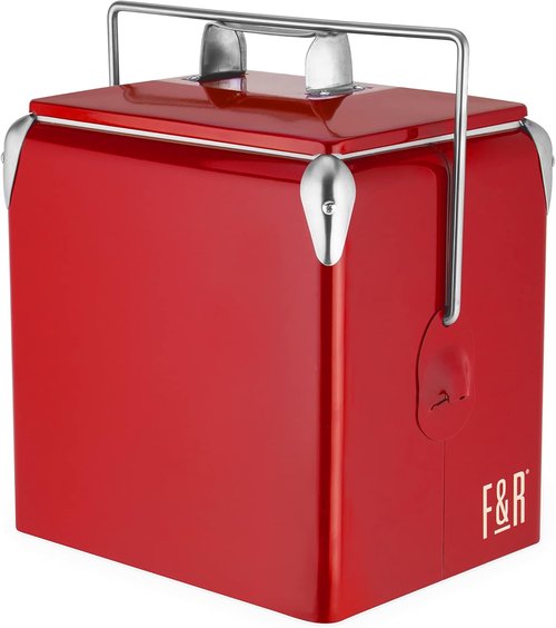 Foster & Rye Stainless Steel Retro Cooler, Vintage Metal cooler, Antique Beverage Chiller and Ice Chest, Plastic Lined Drink Chest, Mounted Bottle Opener, Holds a 6-pack, Red