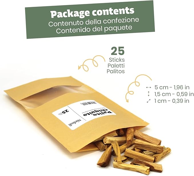 NIRDOSH Palo Santo Incense Sticks Sahumito 100% Natural - 25 Wood Sticks 1,96in - Innovation Organic Incense for Sublimation - Negative Energy Cleansing - Original Palo Santo Wood Bursera Graveolens