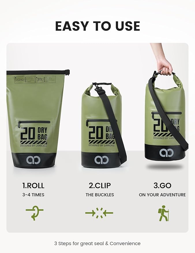 Lamicall Dry Bag Waterproof Backpack - [Zippered Pocket] 10L/20L Roll Top Waterproof Bag with Water proof Phone Case, Floatable Drybag for Swimming, Boating, Kayaking, Camping, Beach