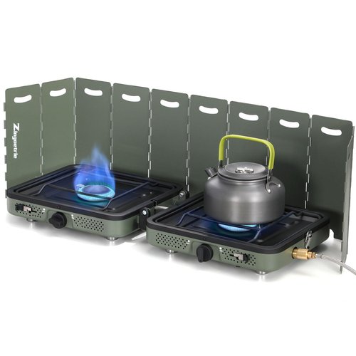 Zingoetrie Camping Stove Propane Burner 17000 BTU Adjustable 2 Burners with Windscreen Foldable Portable Stove Double Burner Stove with Bag Suitable for Outdoor Camping Partying