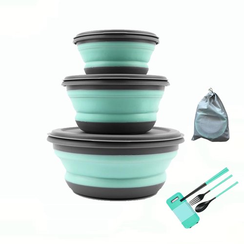 MIATTCLD Collapsible Camping Bowls with Lid, 3 Pcs Foldable Bowl Portable Travel Bowl with Folding Tableware & Storage Bag, Plastic Expandable Food Storage Containers Set for To-Go Lunch, Hiking