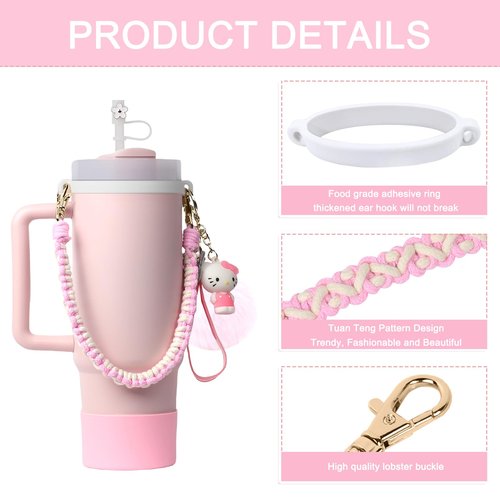 HATOTO Stanley Cup Accessories Set, Cute Kawaii Pom Pom Design Water Bottle Handle Strap, Silicone Boot, Charms for 30/40oz Tumble (Pink 1)