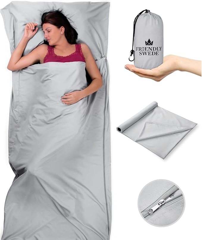 The Friendly Swede Sleeping Bag Liner — Ultralight Polyester or Cold Weather Microfiber Adult Sleep Sack; Thin Travel Sheets for Hotel; Camping Sheets; Travel Sleeping Bag with Pocket-Size Stuff Sack