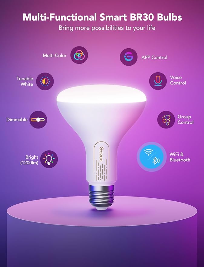Govee Smart Light Bulbs, 1200 Lumens Dimmable BR30 Bulbs, RGBWW Color Changing Light Bulbs, WiFi & Bluetooth LED Bulbs, 16 Million Colors, Music Sync, Compatible with Alexa, Google Assistant, 4 Pack
