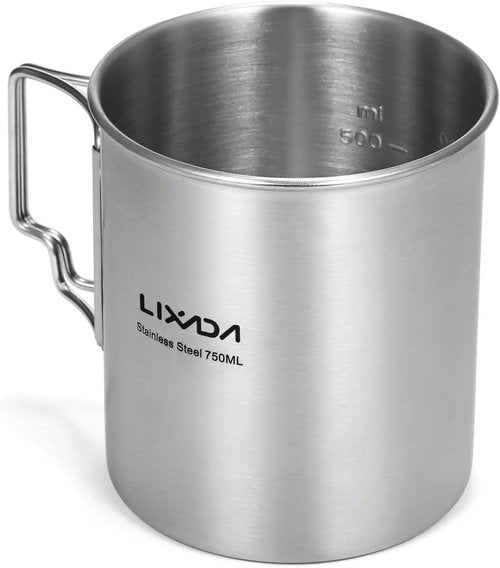 LIXADA Camping Cup Pot,750ml Stainless Steel Water Cup Mug with Foldable Handles and Lid for Outdoor Camping Hiking Backpacking