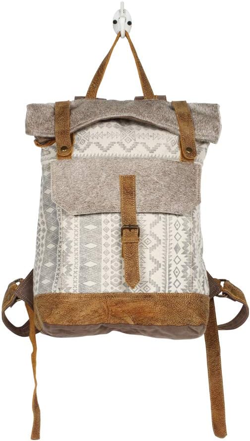 Myra Bag Classy Leather & Upcycled Canvas Backpack S-1237, 13.5" W x 19" H x 4.5" D, Ivory, Brown
