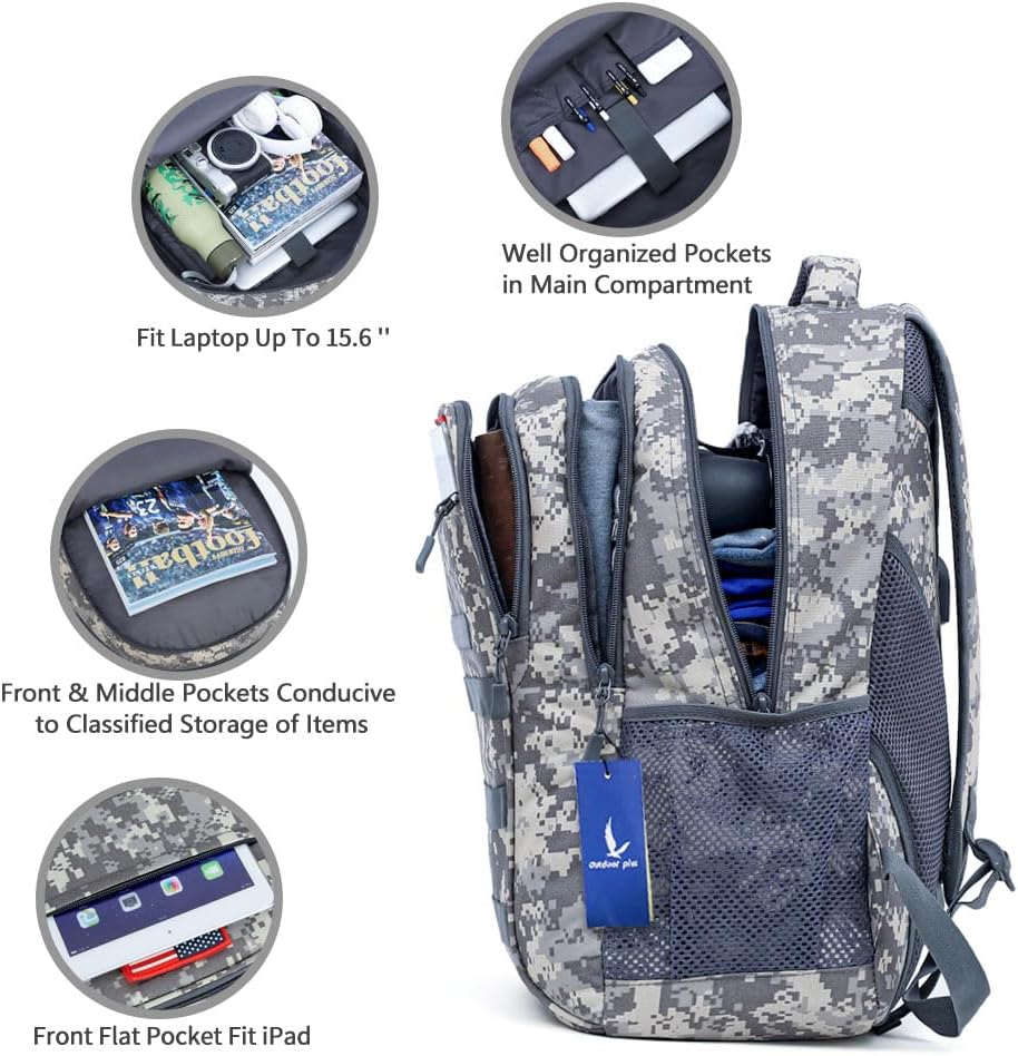 outdoor plus Camo Backpack,Military Boys Backpacks for School,40L Army Bookbag with USB Charging Port Waterproof