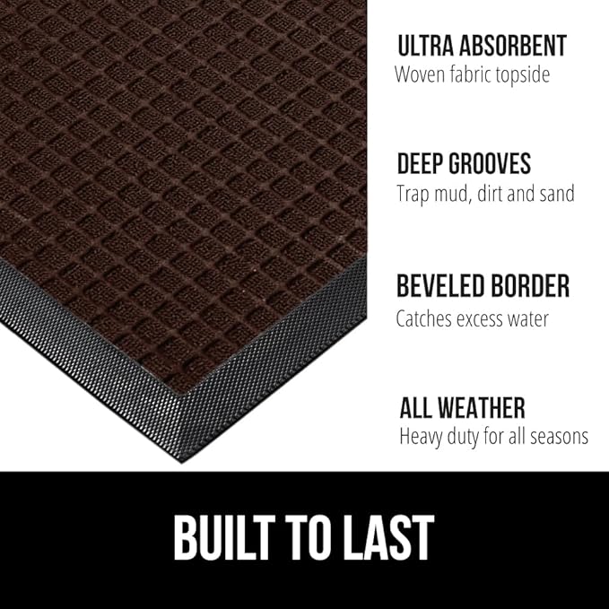 Gorilla Grip 100% Waterproof All-Season WeatherMax Doormat, Durable Natural Rubber, Stain and Fade Resistant, Low Profile, Indoor Outdoor Doormats, Easy Clean Patio Entrance Mat, 17x29, Coffee Square