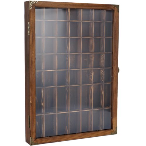 usego Shot Glass Display Case with Door 49 Slots Rustic Shot Glasses Storage Case Wall Mounted Shot Glass Shelf Holder Wooden Display Box with Hinged Acrylic Door,Brown