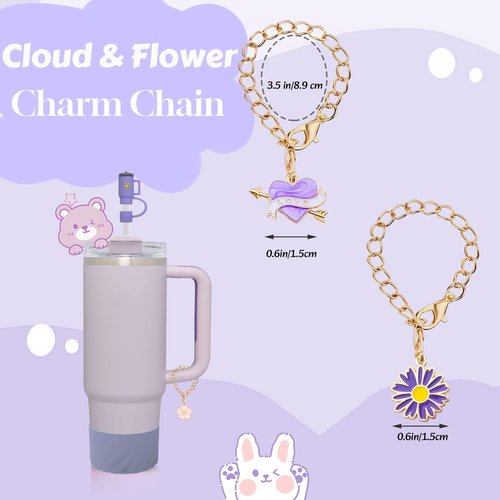Cup Accessories Set For Stanley, Silicone Spill Stopper Set, Including 2 Cute Straw Cover Cap, 2 Square and Round Spill Stopper, 2 Cute Charms Chain (Purple)