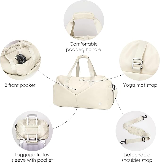 Ceneda 20" Gym Duffel with Wet Pocket & Shoes Compartment - Portable Overnight Weekender Travel & Yoga Bag for Women (Ivory)