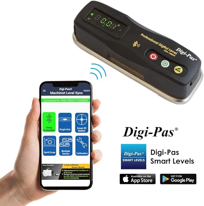 Digi-Pas 2-Axis Smart Machinist Digital Level DWL1300XY Bluetooth 0.002"/ft (0.2mm/M), Black