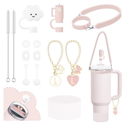 10Pcs Stanley Cup Accessories 9-10mm Stanley Straw Cover Topper Silicone Boot For Stanley Cup Initial Letter Charm Leak Proof Seal Kit Stanley 2.0 30&40oz (Rose Quartz,L)