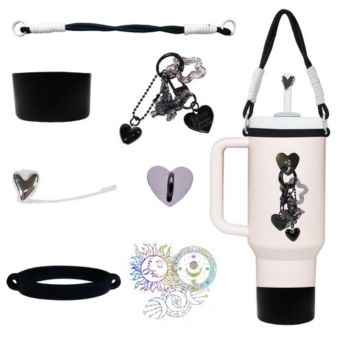 Stanley Cup 40/30 oz Accessories Set Includs 1 Pcs Silicone Stanley Cup Boot 1 Pcs Handle Strap 1 Pcs Siliocne Straw Cover 1Pcs Chain Hanging Charms 1pcs Heart Hook and 3Pc Random Stickers