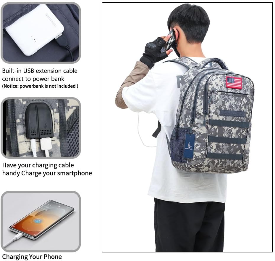 outdoor plus Camo Backpack,Military Boys Backpacks for School,40L Army Bookbag with USB Charging Port Waterproof