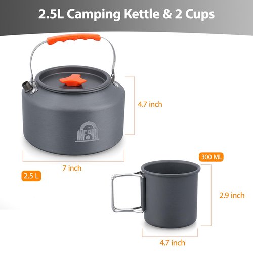 INFOOD 2.5L Camping Kettle Set - Camp Tea Coffee Pot with 2 Cups & Carrying Bag for Outdoor Camping Campfire Hiking Picnic & Backpacking, Gray