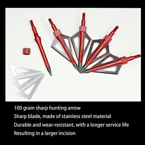 e5e10 12pcs Archery Broadheads 3 Fixed Steel Blade 100 Grain Hunting Arrowheads Fit for Compound Bow and Crossbow with One Black Plastic Portable Broadheads Case (Red-100 Grain)