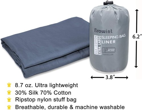 Browint Silk/Cotton Travel Sheet with Double Zippers, 87"x43" Extra Wide Sleep Sack for Hotels, Lightweight Sleeping Bag Liner for Camping, Traveler Rectangular with Pillow Pocket …