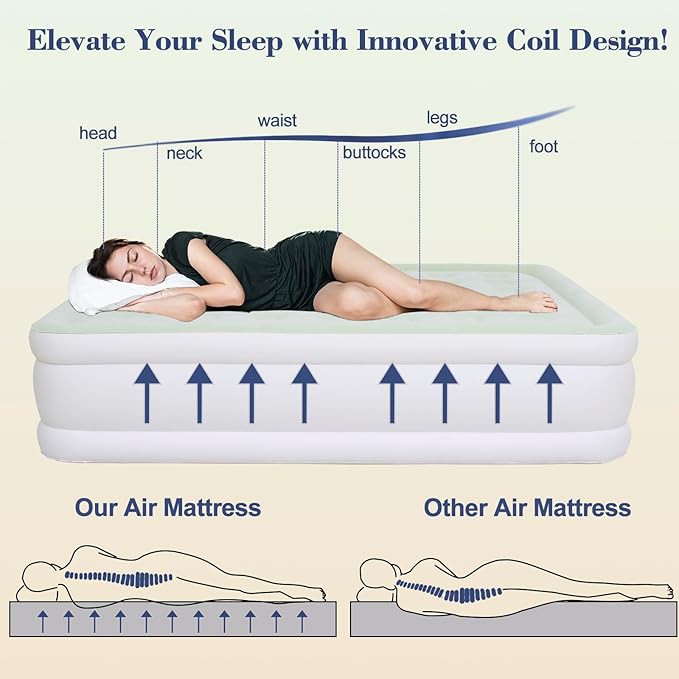 RAPTAVIS Queen Size Air Mattress Inflatable Bed with Built in Pump, 18in Blow Up Mattress for Bedroom, Green