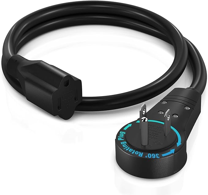 Maximm Cable 2 Feet 360° Rotating Flat Plug Extension Cord/Wire, 3 Prong Grounded Wire 16 Awg Power Cord - Black UL Certified