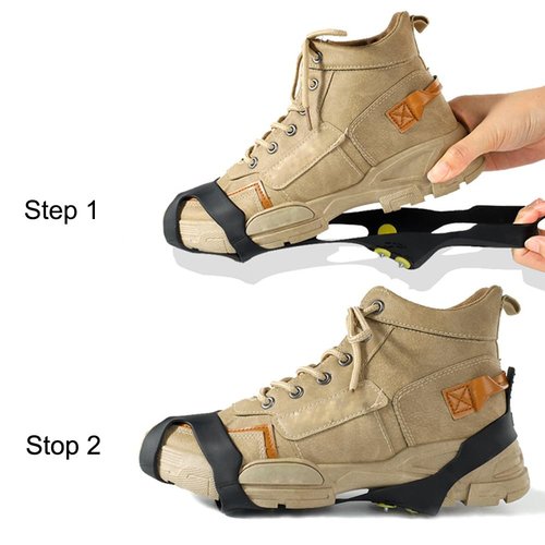 Shoes Traction Cleat 4 pcs Ice Snow Grips for Shoes Boots Non Slip Shoe Ice Grippers 10 Steel Rubber Spikes Crampons Footwear L Black