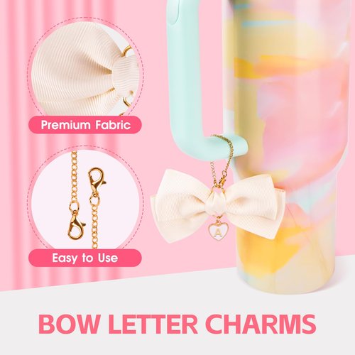 WINOWIMO 2PCS Bow Letter Charms, 3PCS Initial Pink Bow & Letter Straw Cover Caps for Stanley Cup 30 & 40Oz, Charms Decorations for Tumbler Handle, Straw Toppers for Stanley Cup Accessories Set (E)