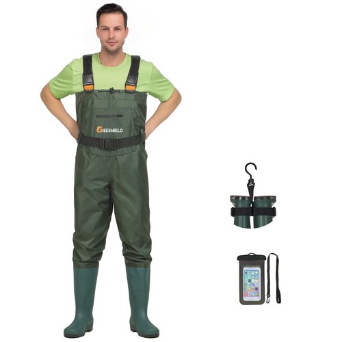 GIEESHIELD Waterproof Bootfoot Chest Waders for Men and Women, Lightweight 2-Ply Nylon/PVC Fishing & Hunting Waders with Boot Hanger - Green (Green, 11)