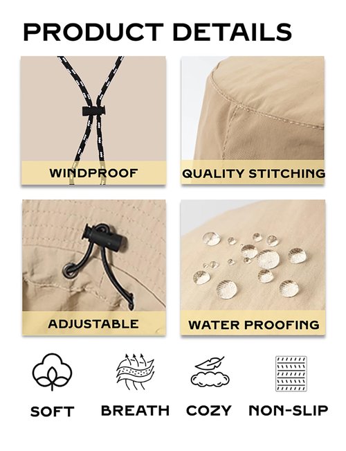 Sun Hats for Men Women Waterproof UPF 50+ Bucket Hat Protection Hat for Fishing Hiking Garden Safari Beach Khaki New