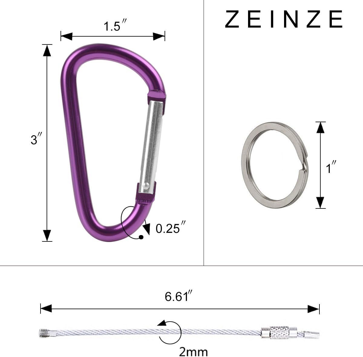 ZEINZE Carabiner Clip 3" Aluminum D-Ring Spring Loaded Gate Small Keychain Carabiners Clip Set for Outdoor Camping Mini Lock Hooks Spring Snap Link Key Chain Durable Improved Design 8 Pack