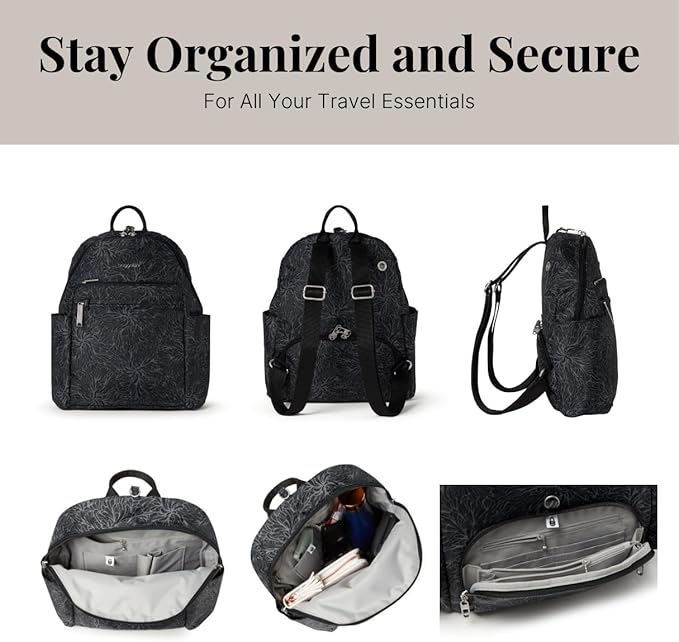 Securtex® Anti-theft Vacation Travel Backpack 10x13" Slash-Resistant Nylon Daypack w/RFID, Midnight Blossom