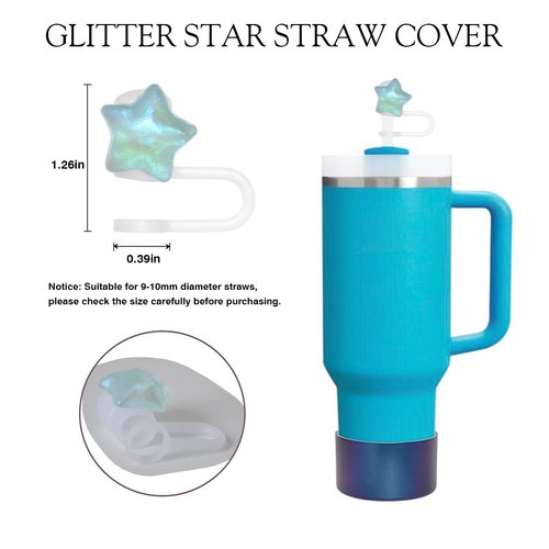 Silicone Anti Spill Leak Proof Stopper Kit for Stanley Cup 30oz & 40oz with Straw Covers, Chroma Metallic Tumbler Boot and Glitter Star Straw Cover For Azure/Plum/Green Stanley Cup Accessories (Azure)