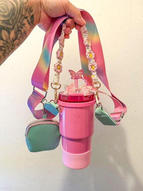 Mity rain Water Bottle Shoulder Strap Set for Stanley Cup, Cup Accessories for Stanley 20oz 30oz 40oz, Including Cup Holder Shoulder Strap with Purse, Carrying Handle Strap, Boot, Cup Ring (Pink)