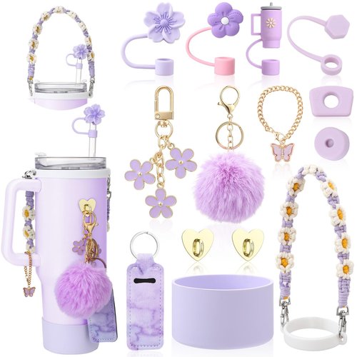 XLSXEXCL 14 Pcs Purple Cup Accessories Set for Stany,Including Water Bottle Handle Strap,Spill Stopper,Silicone Boot,Chapstick Holder,Charms for Stany,3 Pcs Silicone Straw Cover for Stany Cup