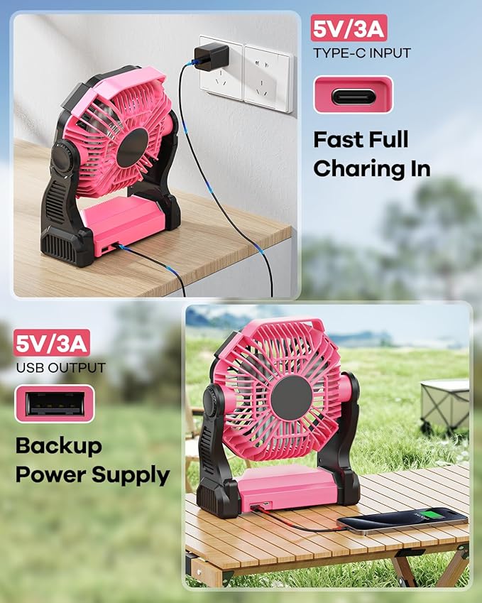 20000mAh Rechargeable Camping Fan with LED Lantern,Portable Battery Powered Outdoor Fan for Bedroom,Camping,Travel,Hiking,Beach,Office,Trave Accessories(Pink)
