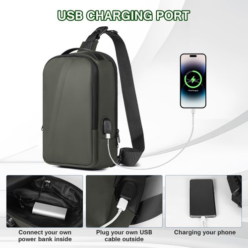 VALUEQLO Sling Bag for Men Anti Theft Crossbody Bag Sling Backpack with USB Charging Port for Travel (Army Green)