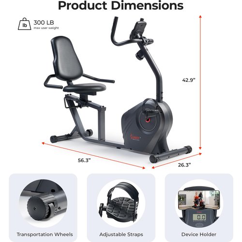 Sunny Health & Fitness Heavy-Duty Recumbent Smart Bike, Wide Cushioned Seat & Back, Cycling Workout Machine, Bicycle Exercise for Adult/Seniors at home, Exclusive Free SunnyFit App Bluetooth Link