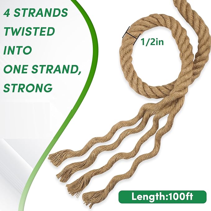 Manila Rope 1/2 Inch x 100ft - Natural Hemp Rope,Heavy Duty 4-Strand Twisted Ropes for Heavy Duty Use for Hammock, Docks, Bundling, Home Decor, Crafts, Gardening (100 Feet, 0.5" Thick)