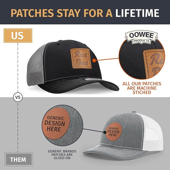 Leather Patch Hat for Men - Richardson 112 Trucker Hat w/Full-Grain Leather Patch, Laser-Engraved, Machine-Stitched
