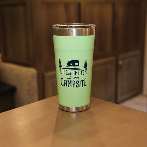 Camco Life is Better at The Campsite Tumbler | Heavy Duty Double Wall Vacuum Insulation | Crafted of 18/8 Stainless Steel | Unique “Life is Better at The Campsite” Design on Coral Pink | 20-oz (53061)