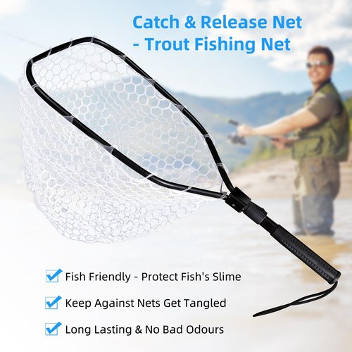 Hipicute Foldable Fish Net for Trout, Fly Fishing Landing Net, Trout Fishing Nets with Handle, Soft Rubber Mesh Net, Easy Catch & Release Fish, Fishing Net for Stream Shore Kayaking Fishing